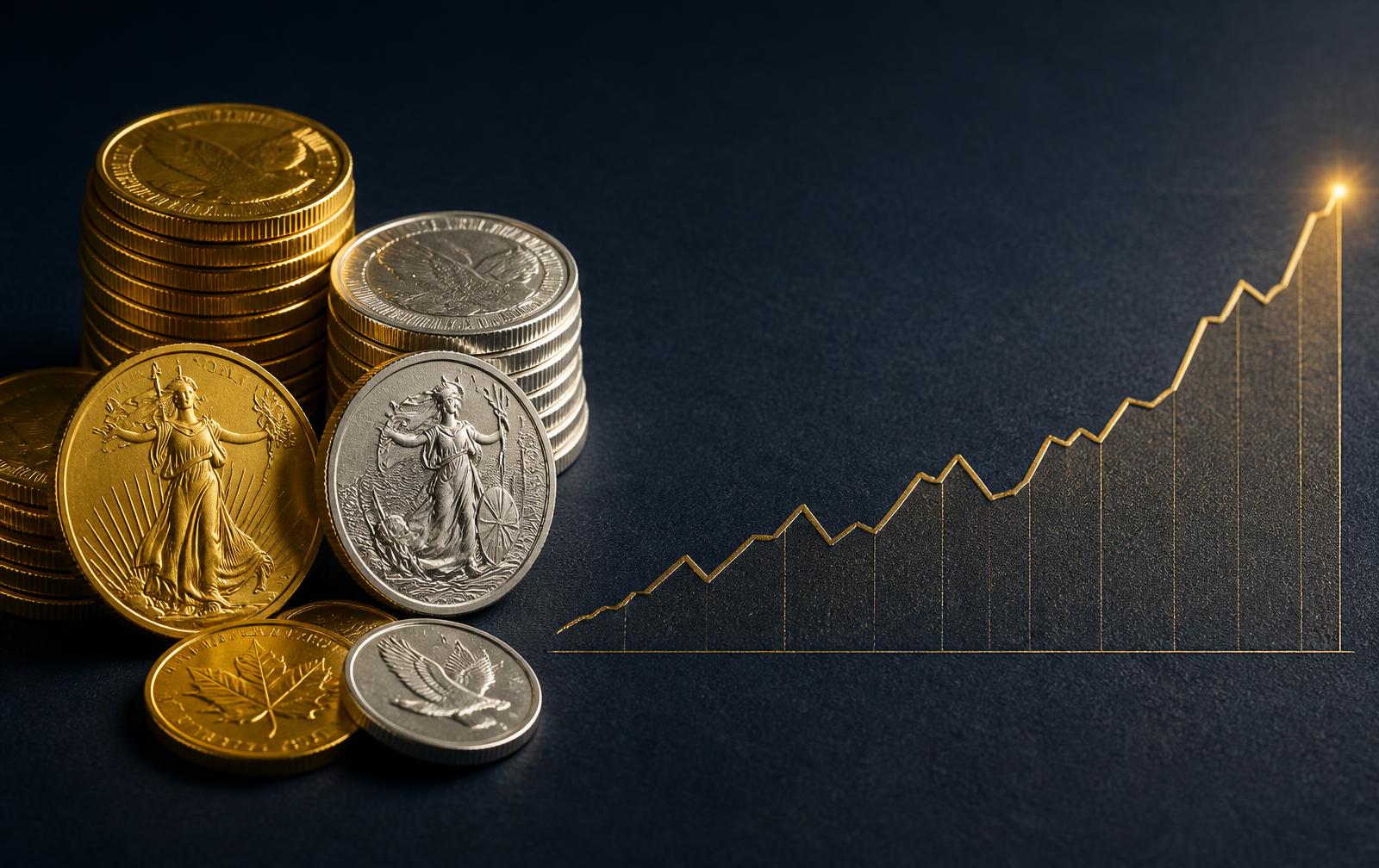 Zlaté a stříbrné investiční mince vedle rostoucího grafu